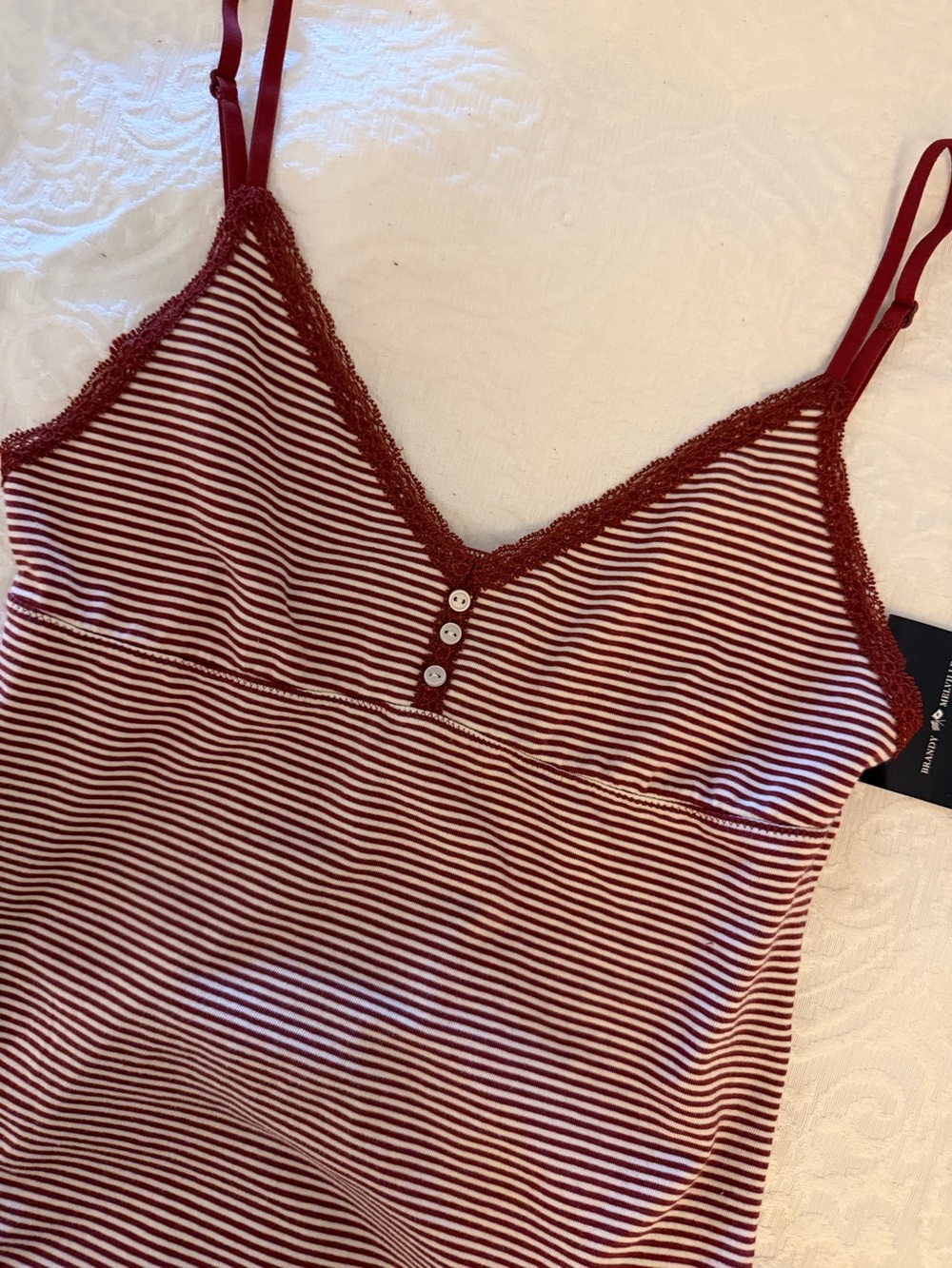 Brandy Melville Burgundy and White Striped Lace-Trim Cami
